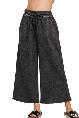 Black Acid Wash Fleece wide leg pants