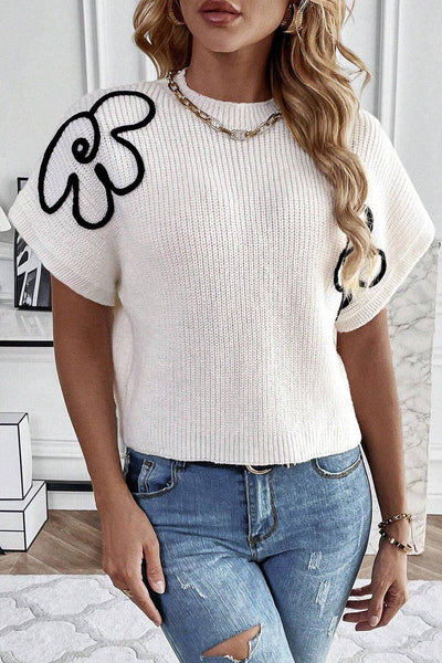 White Black Flower knit sweater Top