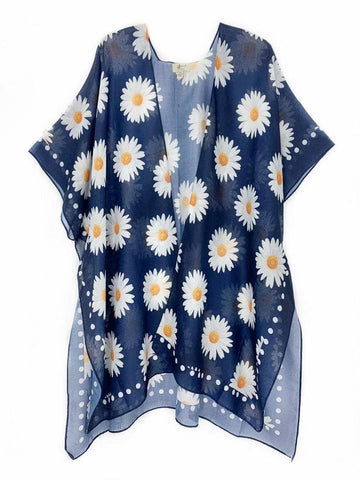 Navy White Daisy Border Accent Kimono