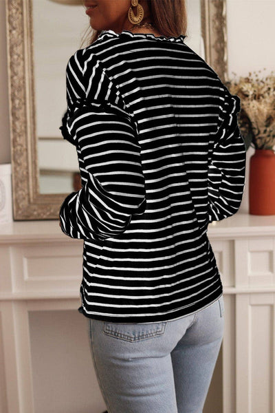 Black Striped Button Neck Top