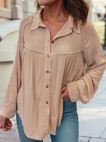 French Beige Waffle Frayed Hem Shirt