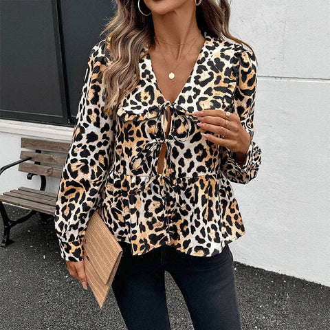 Leopard Print Tie-Front top ruffle Collar