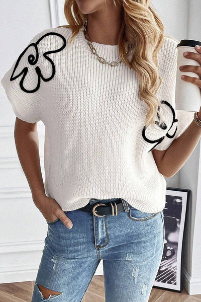 White Black Flower knit sweater Top
