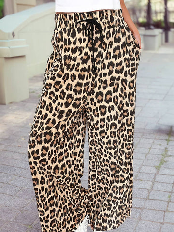 Leopard Drawstring Flowy Wide Leg Pants