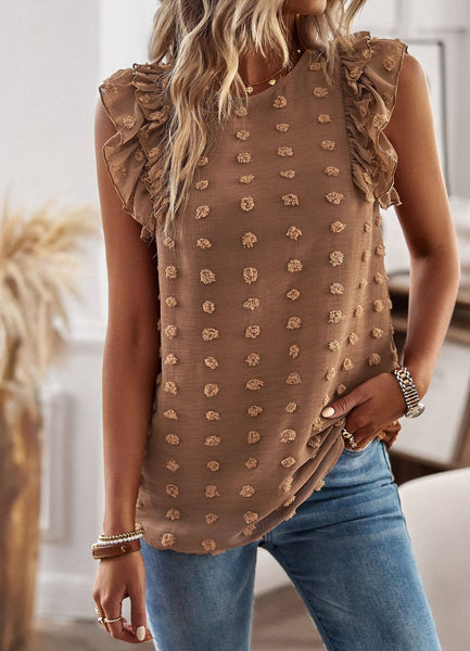Brown Pom Pom Ruffle Trim top