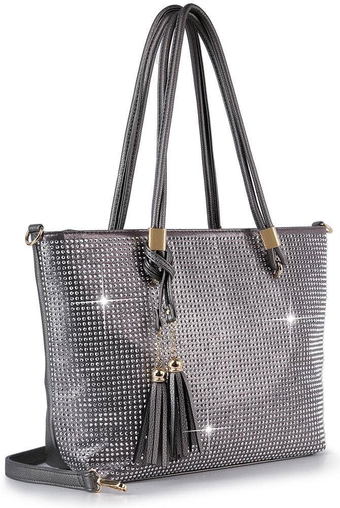Pewter Rhinestone Tassel Accented Tote