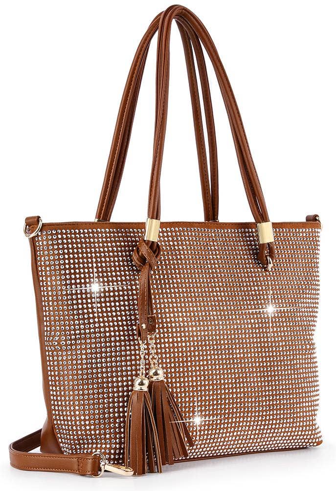 Cognac Rhinestone Covered Handbag