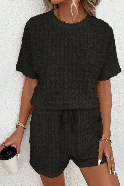 Black Textured Top and Shorts Set