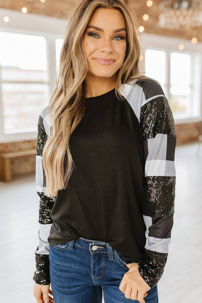 Black Buffalo Plaid Sequin Top