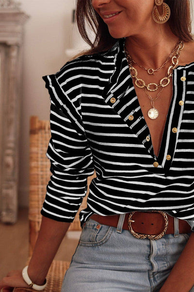 Black Striped Button Neck Top