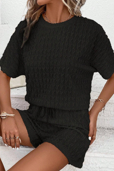 Black Textured Top and Shorts Set