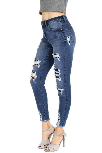 KanCan dark denim leopard patch jean