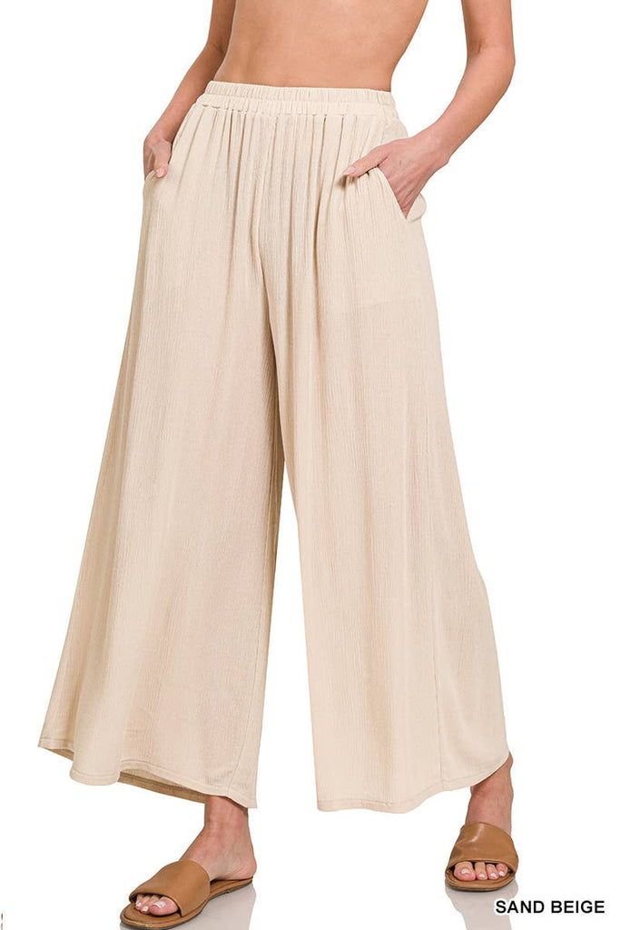 Sand Beige Woven Crinkle Wide Pants