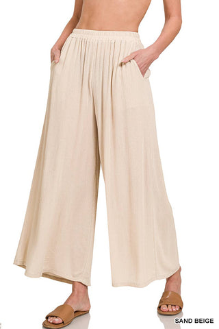 Sand Beige Woven Crinkle Wide Pants