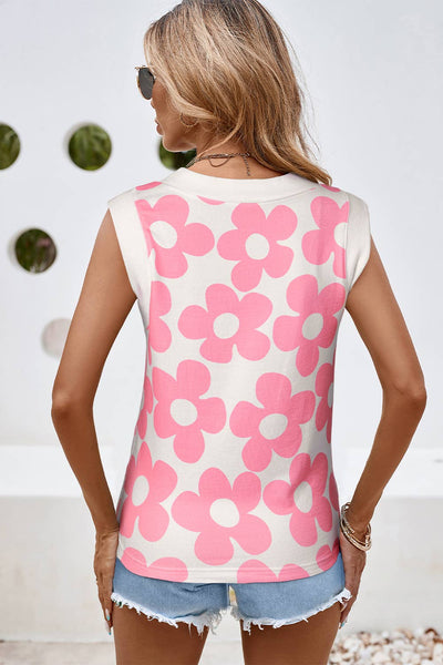 Pink Flower Knitted V Neck Tank Top
