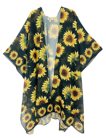 Black Border Accent Sunflowers Kimono