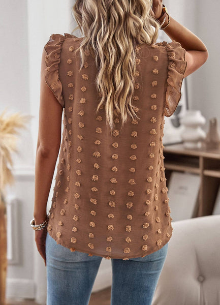 Brown Pom Pom Ruffle Trim top