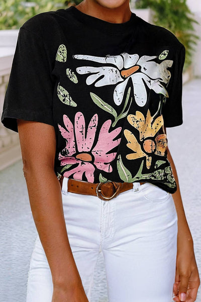 Black Floral Print T Shirt