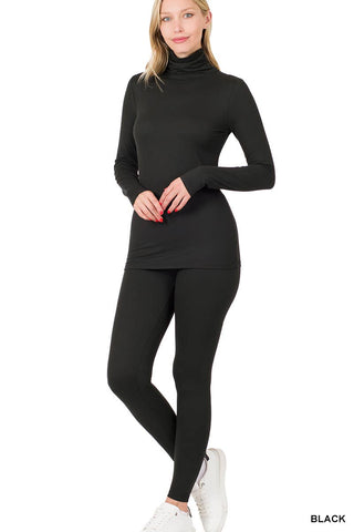 Black Microfiber Mock Neck Top & Leggings Set