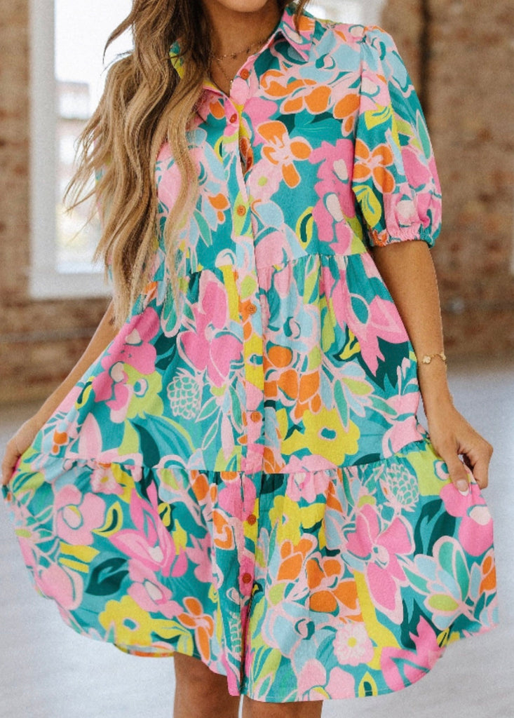 Green multi Floral Babydoll Dress