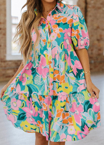 Green multi Floral Babydoll Dress