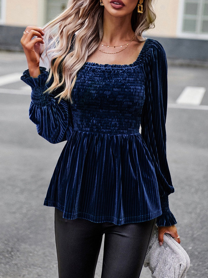 Navy Velvet Ribbed Peplum Top