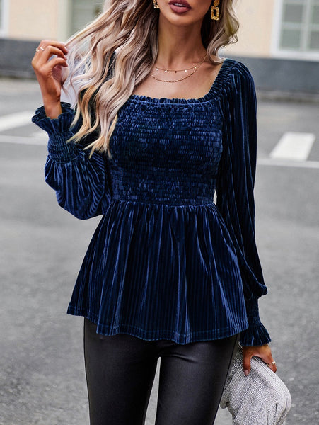 Navy Velvet Ribbed Peplum Top