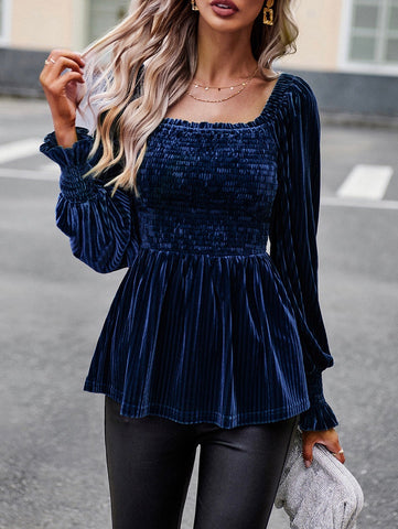 Navy Velvet Ribbed Peplum Top