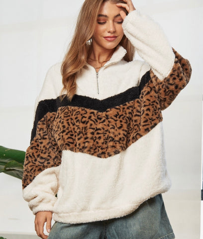 White Sherpa Leopard Print Top Plus