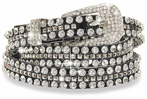 Black Leather Rhinestone Skinny Belt Small