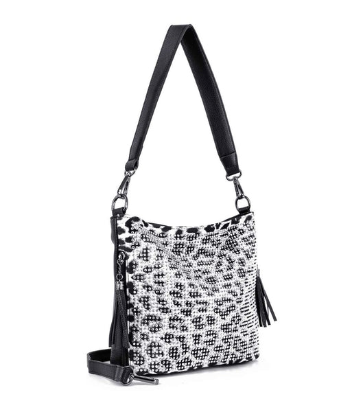 Black white leopard Rhinestone Hobo Handbag