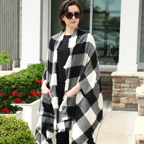 Black white Buffalo plaid Shaw ruana