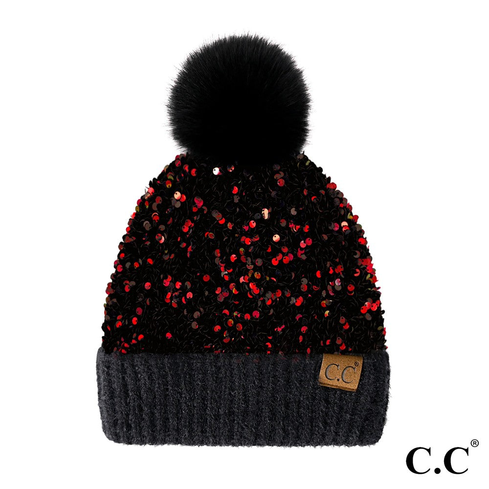 Red Black sequins CC beanie pom