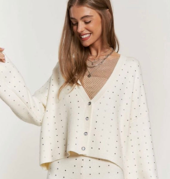 Cream Rhinestone Accent Cardigan