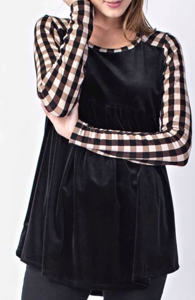Black velvet plaid sleeve top