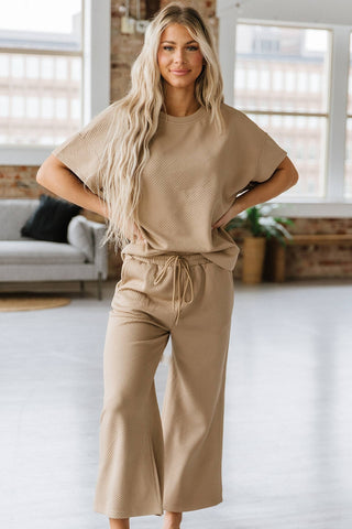 Khaki Apricot Textured top pant Set