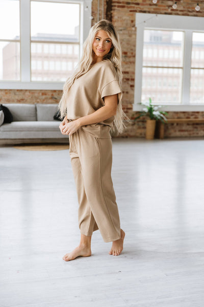 Khaki Apricot Textured top pant Set