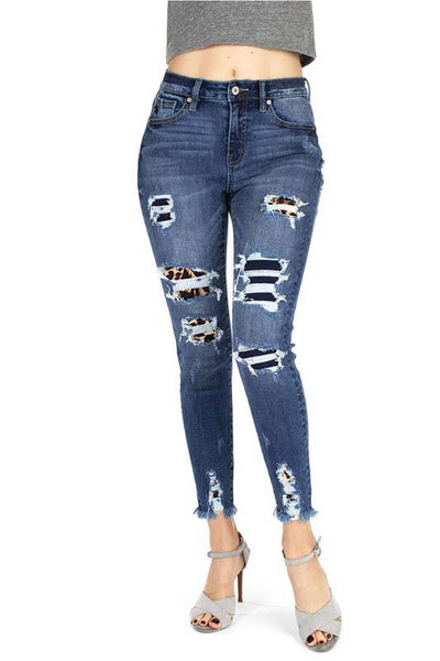 KanCan dark denim leopard patch jean