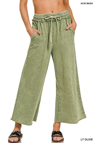 Lt Olive Washed French Terry wide leg pant