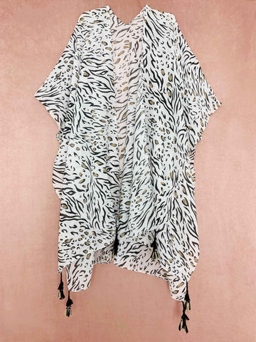 White Leopard Tassel Accent Kimono