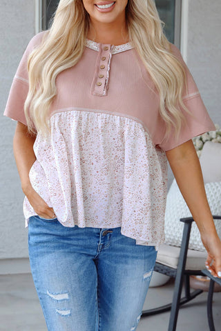 Pink Waffle Floral Patchwork Detail Top