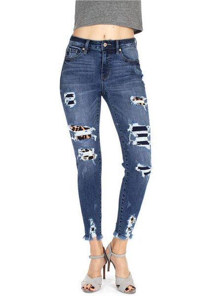 KanCan dark denim leopard patch jean