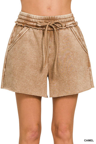 Camel brown Acid Wash Fleece Shorts
