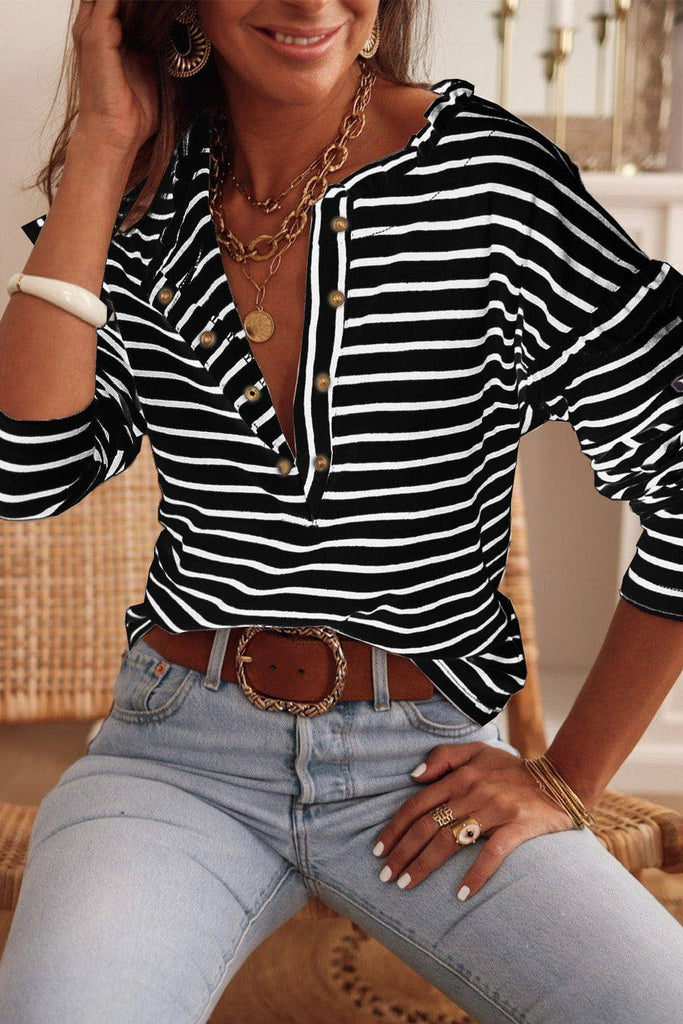 Black Striped Button Neck Top