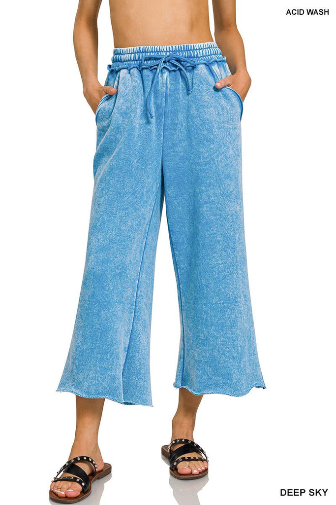 Deep Sky Blue Acid Wash Fleece Wide Leg Sweatpants