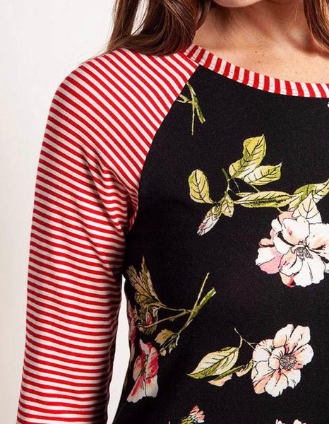 Black red white floral stripe dress