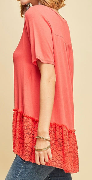 Coral w floral lace hi low top small only