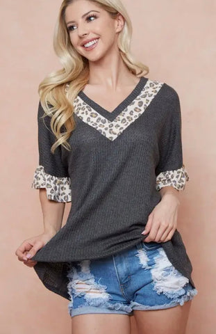 Charcoal V Neck Leopard top