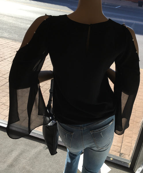 Black pearl embellished split sleeve top