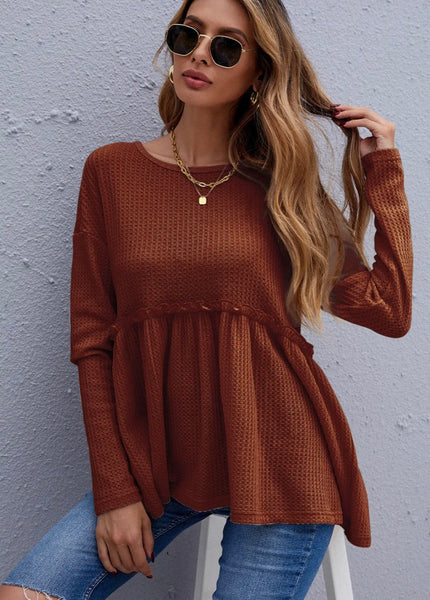 Brick Rust Ruffle Baby Doll Waffle Top